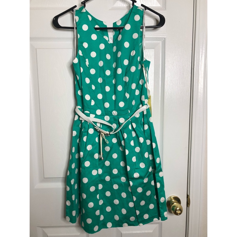 Teal and White Polka Dot Dress with Belt added